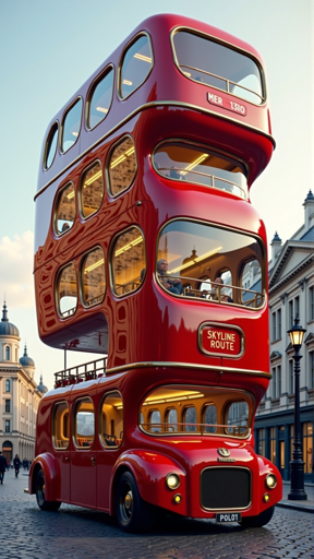 A highly unusual red double-decker bus with an additional decks stacked on top. The bus is labeled "Skyline Route" on the front, and it is situated on a cobblestone street in an urban setting with classic European-style buildings in the background. The bus' interior is brightly lit, revealing passengers inside. 