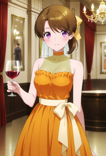 A young woman with purple eyes, brown hair tied back with a yellow ribbon and a gentle smile. She is wearing an orange dress with a high neckline and a large, cream-colored bow at the waist, and In her right hand, she is holding a glass of red wine. The background features a luxurious, opulent room with red and gold curtains, ornate paintings, and a chandelier.