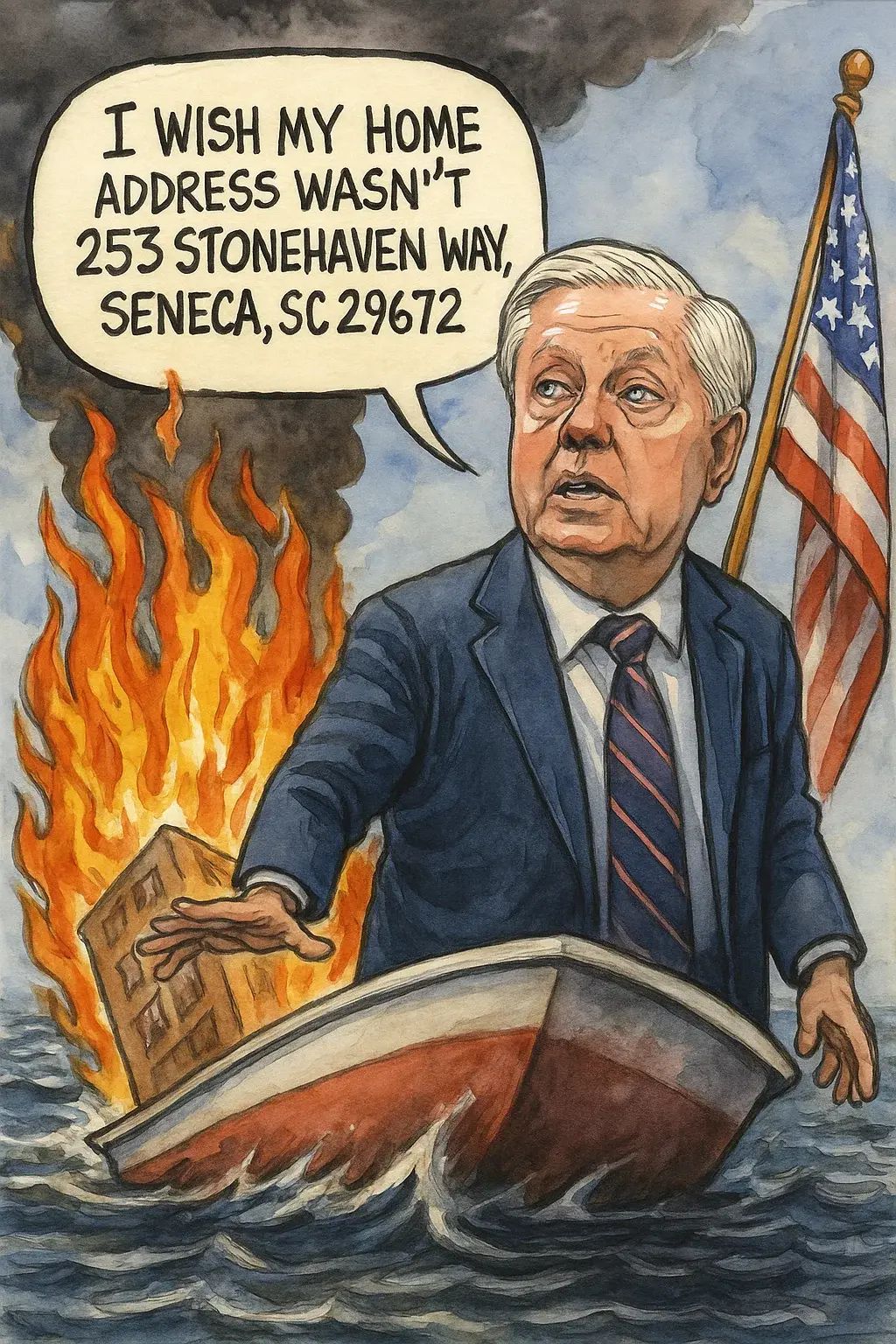 Lindsey Graham in a sinking boat. He is saying he wishes he lived in a nicer place. In reference to his recent remarks about Greta Thunberg sinking as she sails to Gaza.