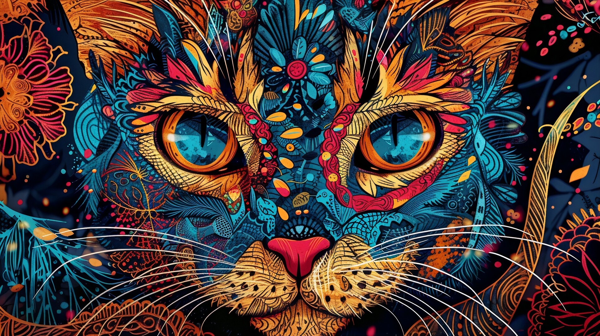 A highly stylized and colorful depiction of a cat’s face. The cat has large, vivid blue eyes that are very striking and are the central focus of the piece. The face is adorned with intricate patterns and a spectrum of colors including orange, red, blue, and yellow, set against a dark background. These patterns resemble traditional or tribal art with a modern twist, containing elements such as swirls, floral designs, and abstract shapes. The overall effect is vibrant and mesmerizing, almost psychedelic, emphasizing the cat’s gaze and the artwork’s rich detail.