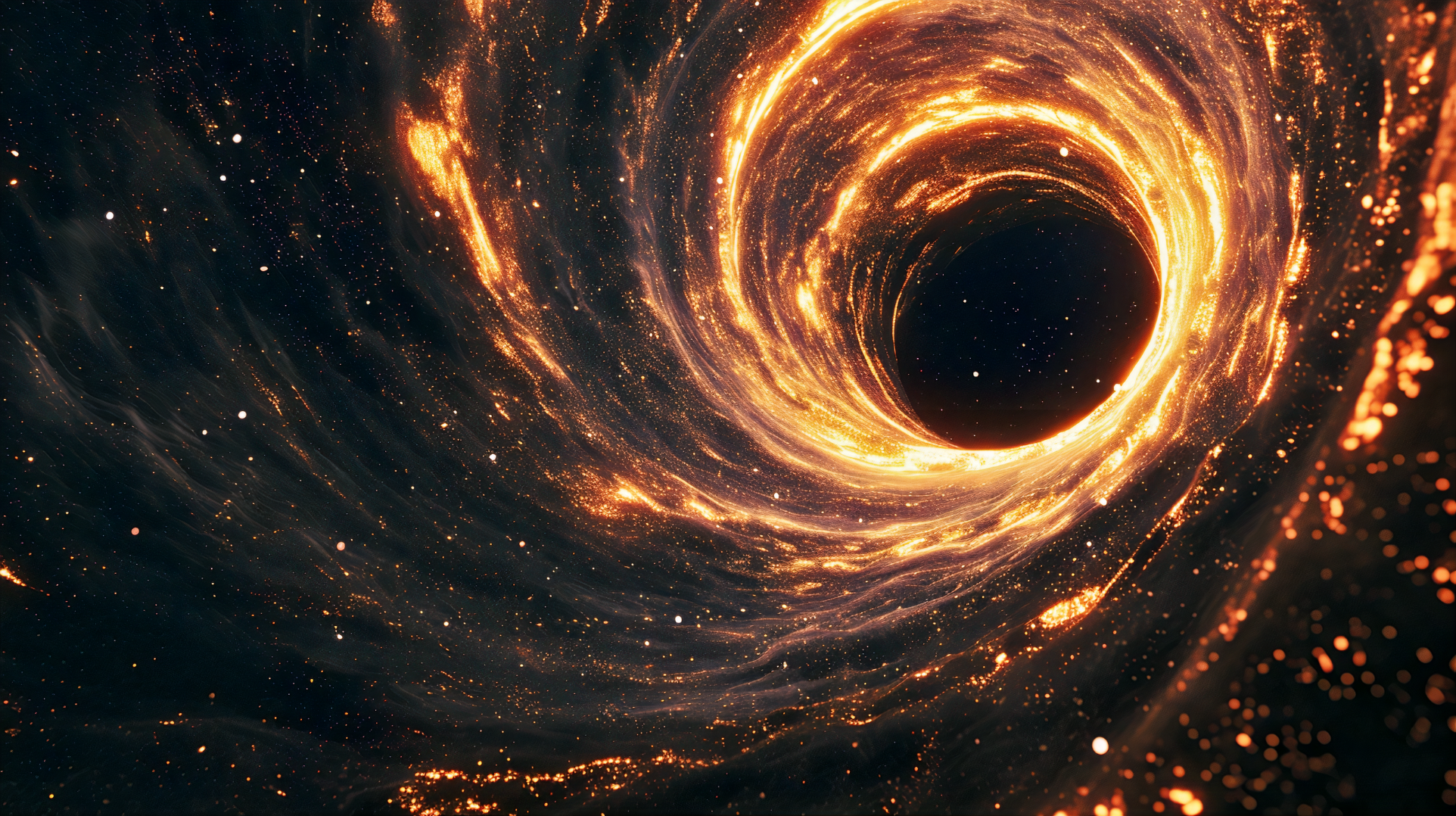 A cosmic scene centered around a black hole. The black hole appears as a dark circular void surrounded by a spiraling accretion disk. This disk glows with fiery hues of orange, yellow, and white, suggesting intense heat as matter is pulled in at high speeds. The light appears to bend around the black hole due to its immense gravity, creating a visual effect known as gravitational lensing. The background is scattered with numerous stars and particles, enhancing the depth and vastness of the space setting. The overall impression is one of both beauty and awe, conveying the powerful forces at play in the universe.