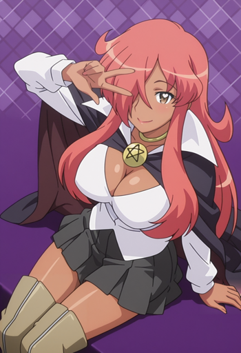 A woman with brown eyes and long, wavy pink hair that covers one eye sitting making a peace sign with her right hand over her face. She is wearing a white blouse with a plunging neckline that reveals a significant amount of cleavage, a dark gray pleated skirt, knee-high beige boots, and a dark cape with a golden pentagram emblem draped over her shoulders. The background is a purple diamond pattern near that top of the image. 