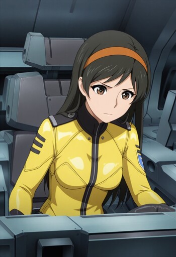 A woman in a pilot's uniform seated at the controls of a futuristic spacecraft. She has long brown eyes and black hair with an orange headband. She wears a yellow and black high-collared jumpsuit with a zippered front, featuring a blue emblem on the left shoulder. The background showcases the interior of the spaceship, with a metallic gray and blue color scheme.