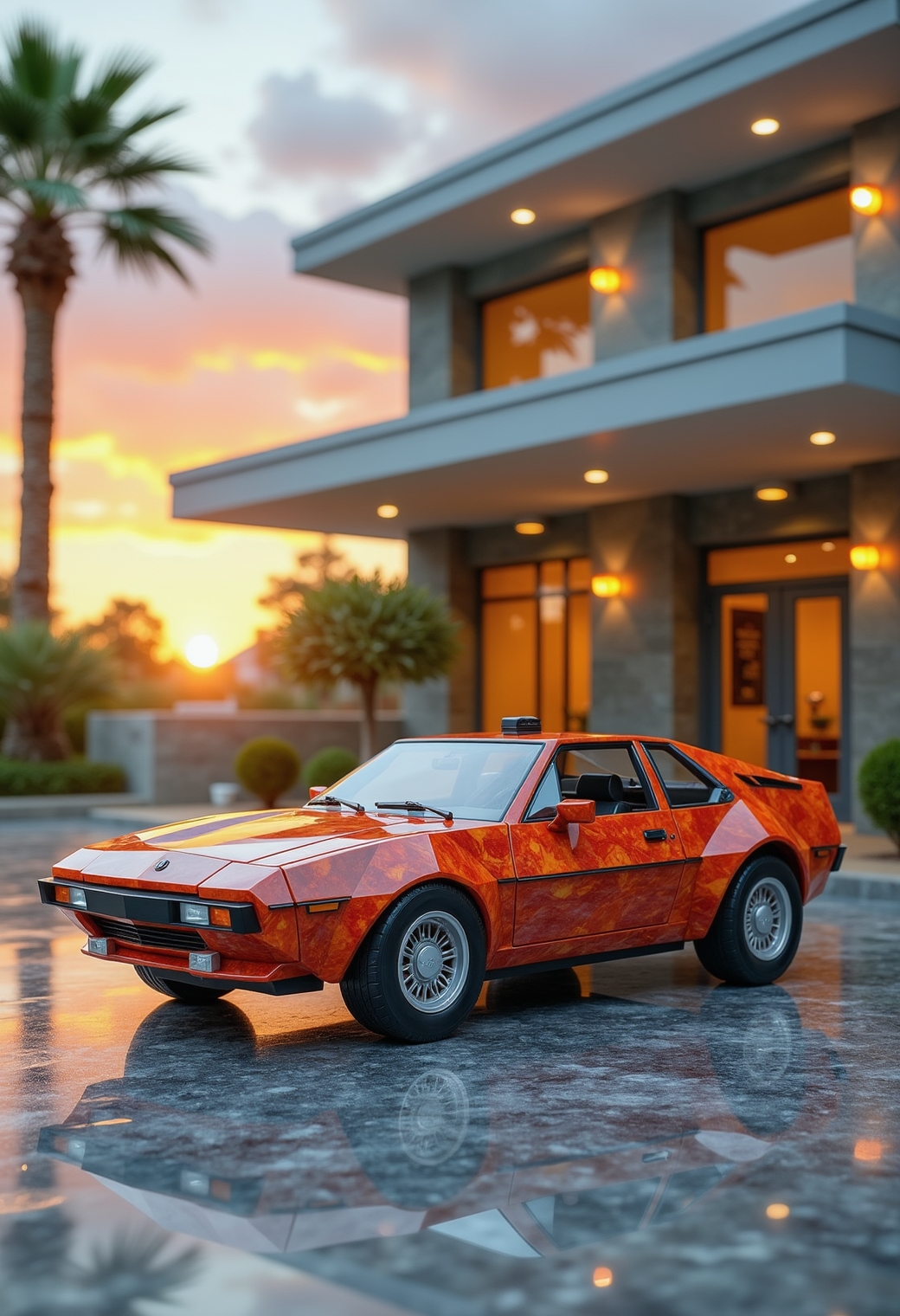 A model vintage sports car with a fiery orange made from a crystalline material is pictured in front of a modern, two-story house. The house features large windows and contemporary architecture, with warm lights illuminating the interior and exterior, and the setting sun casts golden light across palm trees and well-manicured shrubs in the scene.