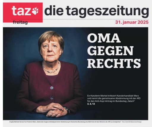 Ein Bild von Angela Merkel, rechts daneben die Überschrift „Omas gegen Rechts“