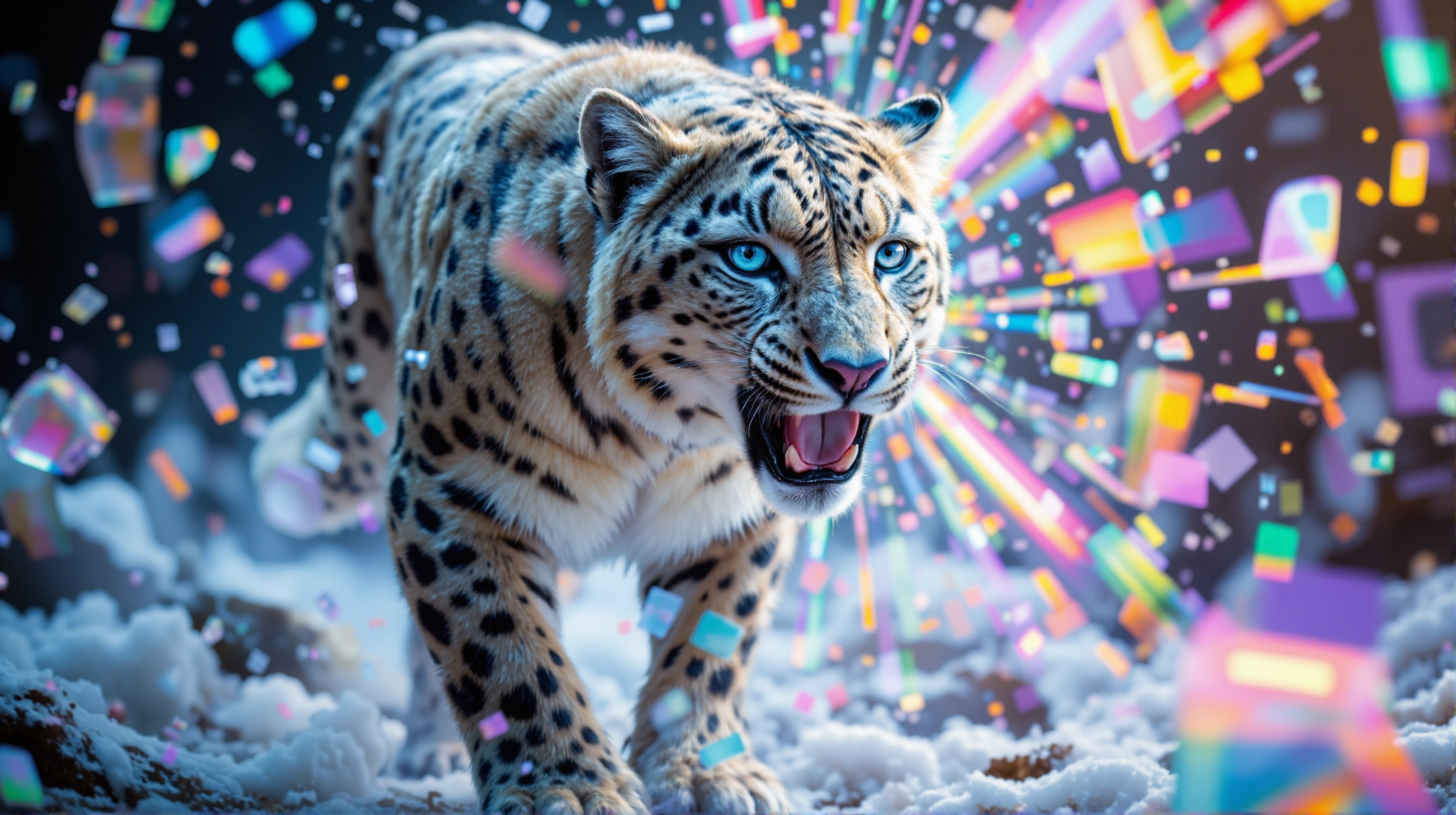 A spotted big cat with blue eyes, mid-roar, standing in a snowy landscape. Surrounding the leopard are vibrant, multicolored geometric shapes and light beams, creating a surreal and dynamic atmosphere. 