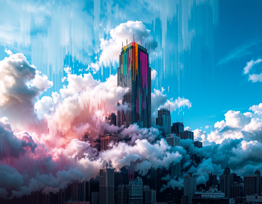 A surreal cityscape where towering skyscrapers rise through a dense layer of clouds, merging with a bright blue sky. The tallest building in the center is adorned with streaks of bright colors, against white and pink-tinted clouds that envelop the lower structures. 