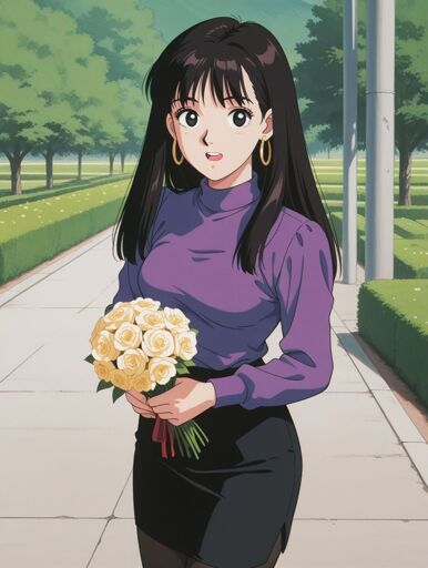 A woman black eyes, and long black hair standing on a paved walkway in a park. She is wearing a long-sleeved purple turtleneck shirt, a black skirt, large gold hoop earrings, and sheer black pantyhose. She holds a bouquet of white roses in her hands with a mildly surprised expression on her face. The background features green trees and a neatly trimmed hedge along the walkway, under a bright, sunny sky. The camera angle is straight-on, capturing her from the waist up, with the background slightly out of focus.