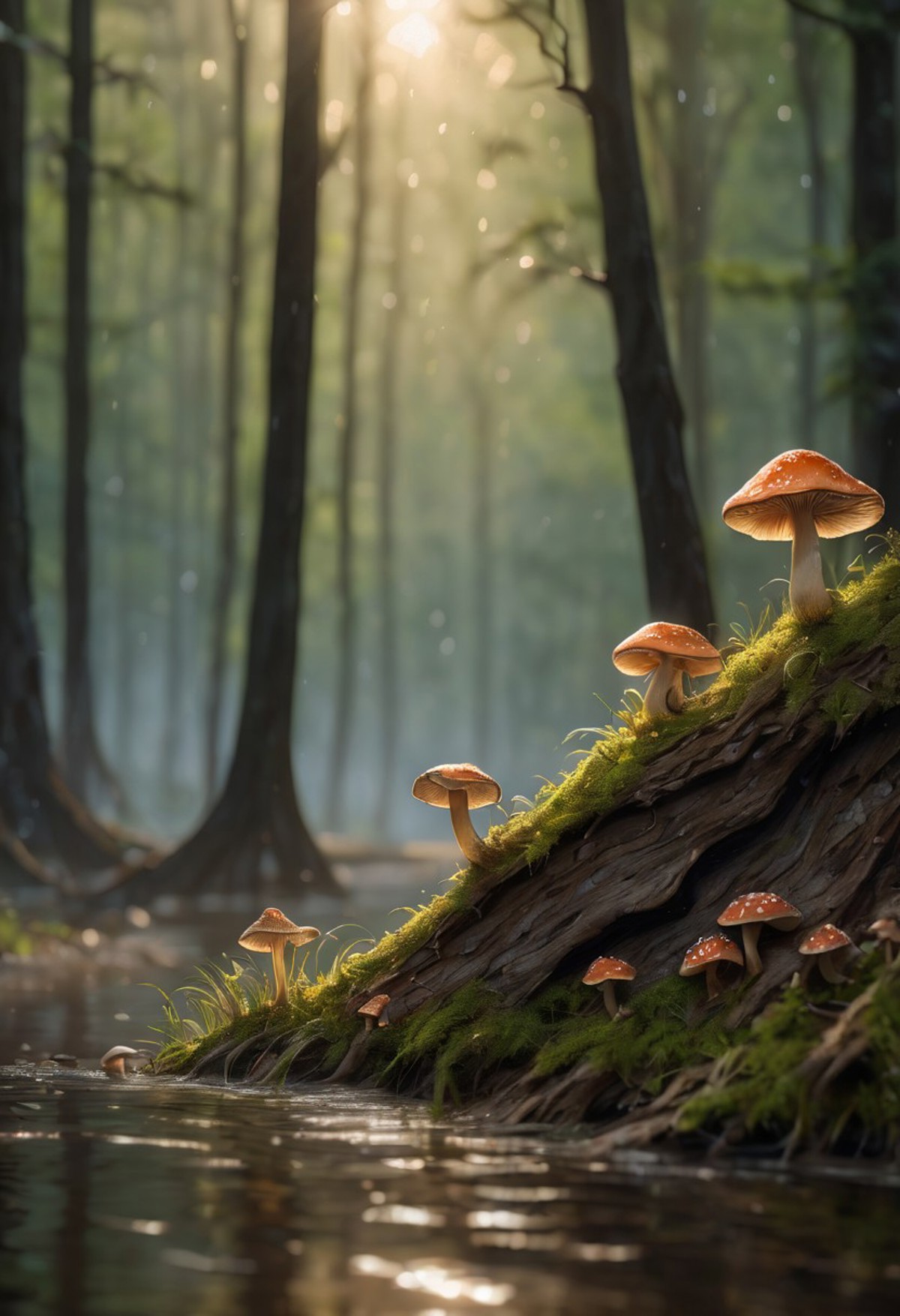 A forest scene with a focus on a group of mushrooms growing on the side of a fallen log that is partially submerged in water. The atmosphere is tranquil, with rays of light creating an ethereal quality as they pierce through the fine rain in the air. 