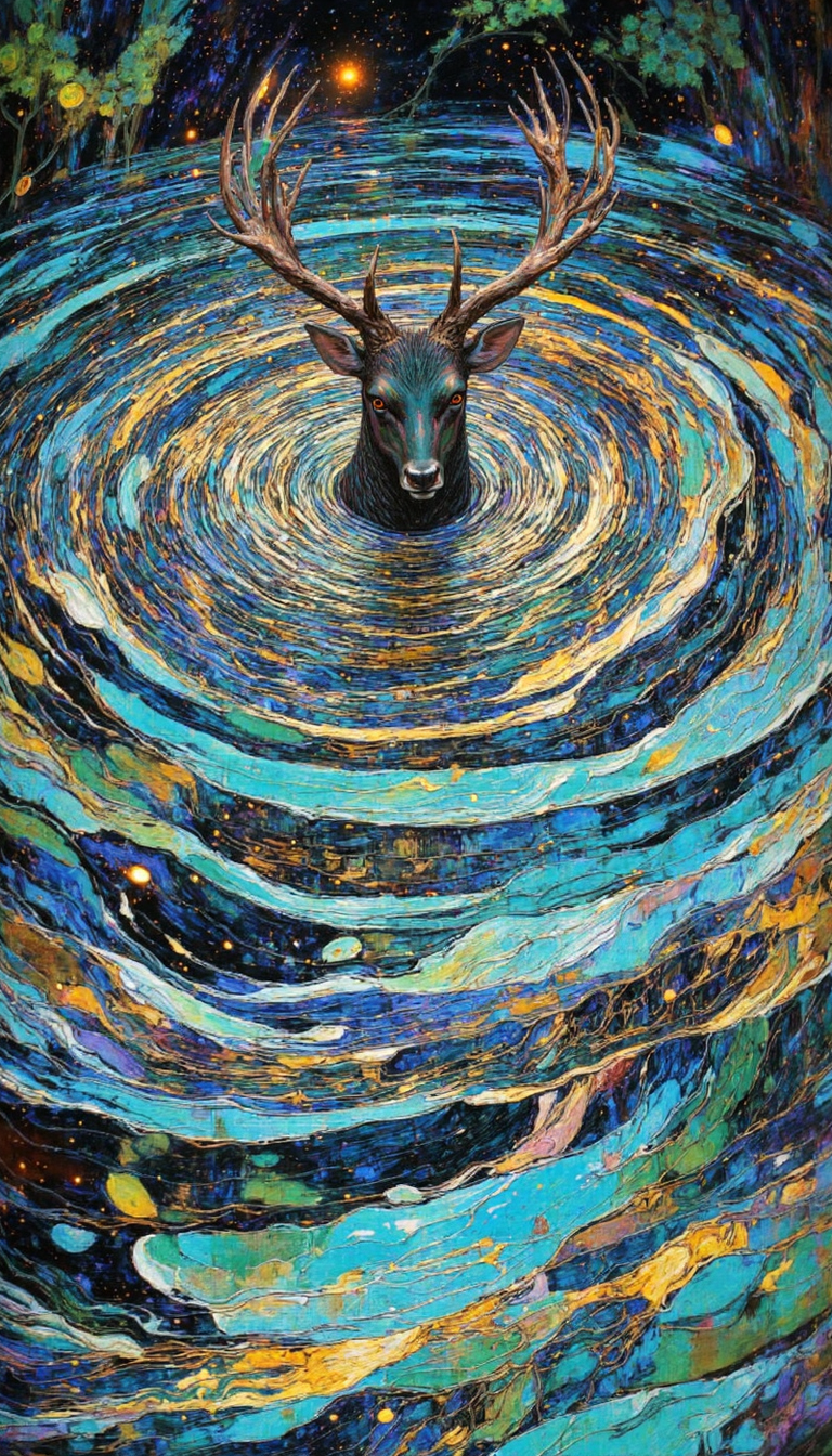 A mystical scene featuring a stag with large antlers emerging from the center of a colorful pool. The pool is composed of vibrant blues, greens, and golds, creating a dynamic and mesmerizing pattern. The background includes hints of a starry night sky and abstract foliage, adding to the fantastical atmosphere. 