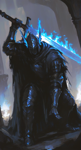 A dark, armored knight with a cape and glowing blue sword, hunched over in a dimly lit, ruined castle. The blue flames on the sword match with two bright pyres in the background which cast a smoky, ethereal light, enhancing the eerie atmosphere. 