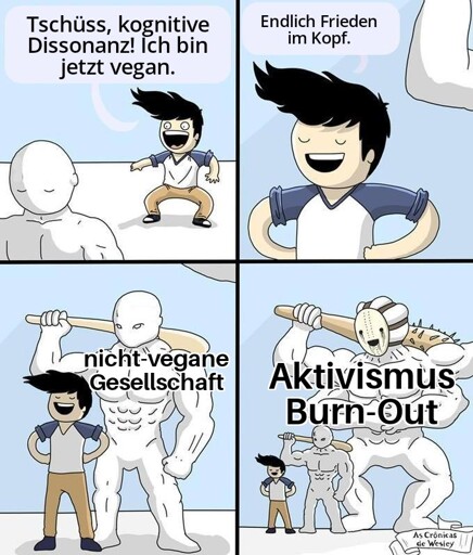 Comic-Typ zeigt auf eine weggehende Figur und sagt "Tschüss, kognitive Dissonanz! Ich bin jetzt vegan.". Im zweiten Ausschnitt stemmt er zufrieden die Hände in die Hüfte und sagt: "Endlich Frieden im Kopf.". Er bemerkt dabei nicht die zwei bedrohlich wirkenden Figuren hinter ihm. Die kleinere ist betitelt mit "nicht-vegane Gesellschaft", die größere mit "Aktivismus Burn-Out".