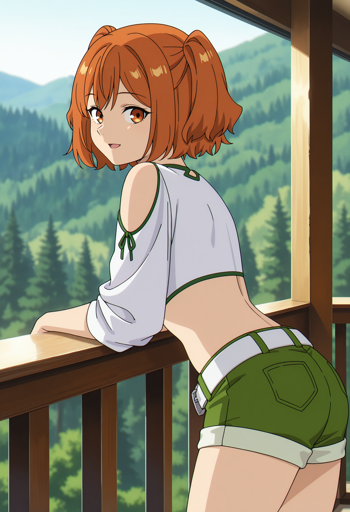 A young woman with amber-colored eyes and short red hair styled in twin pigtails leaning forward on a wooden railing, looking over her shoulder with a playful expression. She is wearing a cropped white shirt with green trim, revealing her midriff, and green shorts with a white belt. The background showcases a lush, green forest with rolling hills under a clear blue sky.