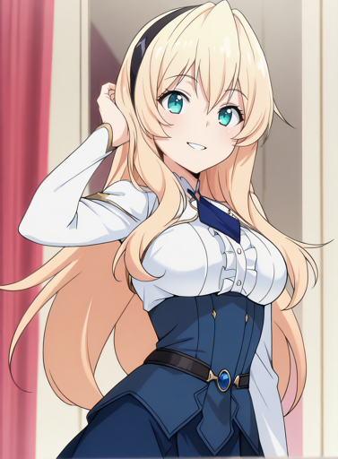 A blonde, blue-eyed woman with long hair, wearing a white blouse with a blue tie and a navy-blue corset. She is smiling confidently, with one hand adjusting her hair. 