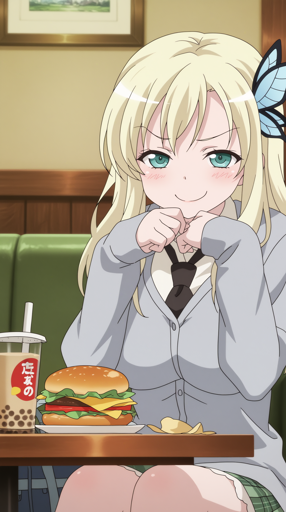 A blonde young woman with teal eyes sitting in a diner booth, grinning smugly. She has long hair with a blue butterfly hair clip on the left side. She wears a gray cardigan over a white shirt with a black necktie, and a green plaid skirt. In front of her on the wooden table is a large burger with lettuce and a sesame seed bun, accompanied by a clear plastic cup filled with boba tea. The background features a green vinyl booth and a wooden wall with a framed picture. The lighting is soft and warm, highlighting her cheerful demeanor. The camera angle is straight-on, capturing her from the waist up.