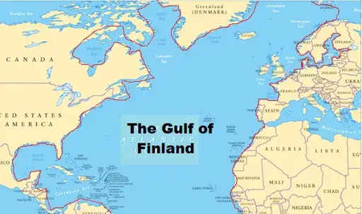 Map centered on the Atlantic ocean, with the text label for the ocean crudely replaced with the text "The Gulf of Finland"