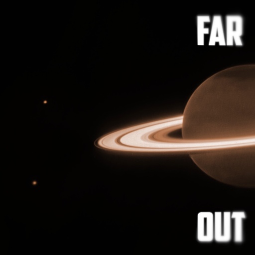 A fake album cover for 'FAR OUT' by Switchboard, showing half of Saturn in its right half, with a few pinpricks of light around it