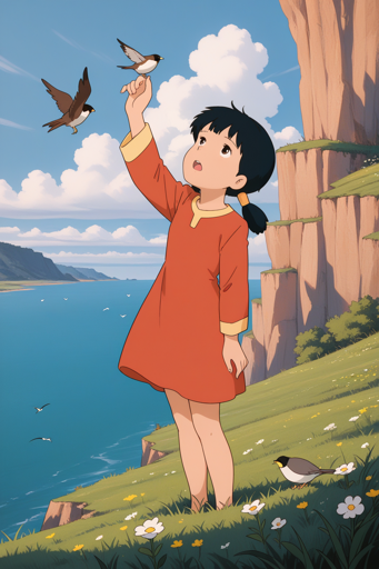 A young girl with short, dark hair tied in pigtails standing on a grassy hilltop, gazing upward with wonder at a bird perched on her outstretched hand. She is dressed in an orange, long-sleeved dress with yellow trim. In the background, a vast body of water stretches out, bordered by rugged cliffs and distant mountains under a bright blue sky with white clouds. The grassy hill is dotted with white and yellow wildflowers, with small birds scattered throughout the scene.