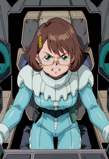 A determined young woman with short, brown hair and green eyes, wearing glasses and a light blue, futuristic pilot suit with white accents. She is seated in a high-tech cockpit with a black and teal color scheme. 