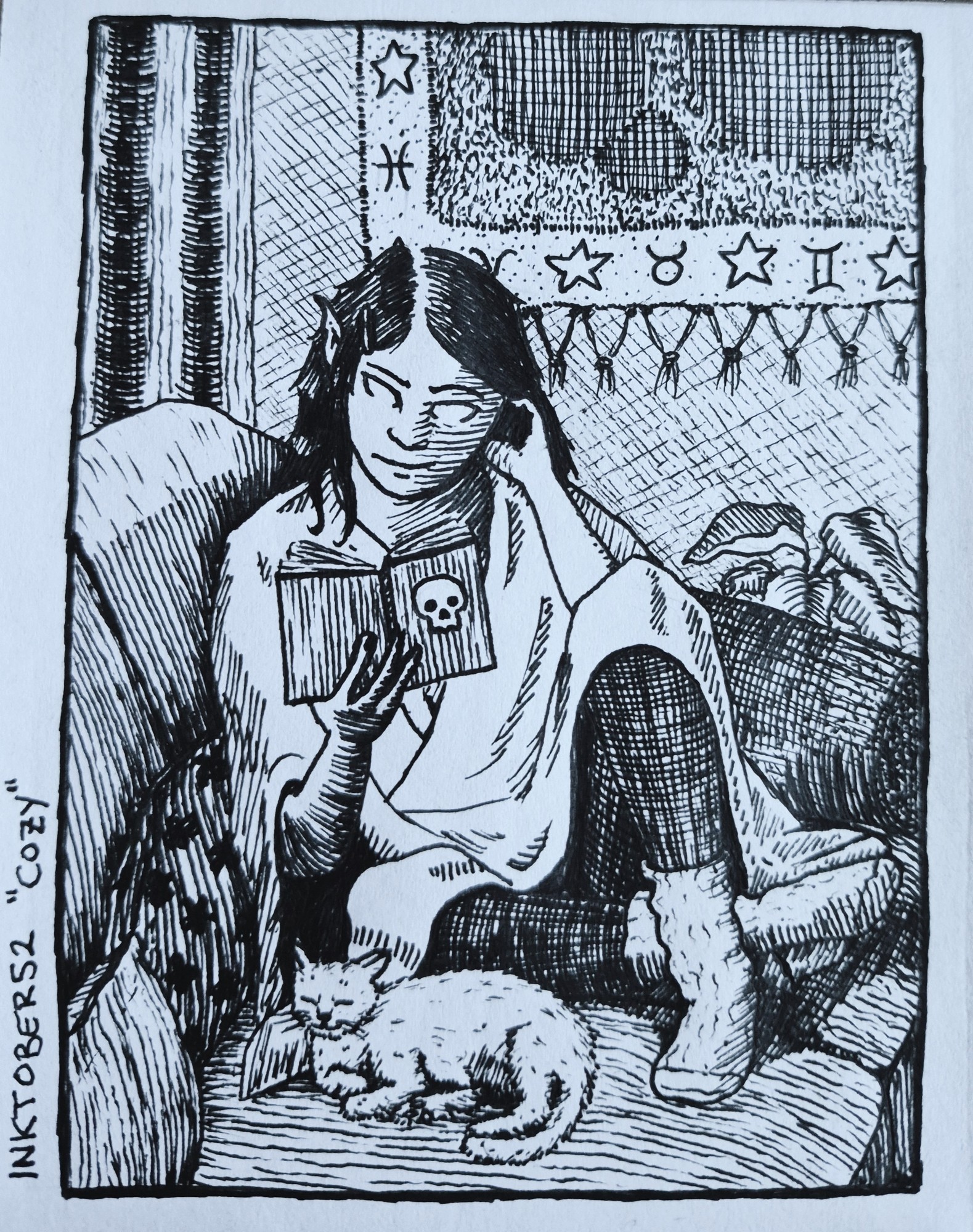 Black ink drawing. a person (or elf? fairy?) sitting on a couch, wrapped in a blanket, reading a book. they are wearing thick socks and leggings and their long hair is down. there is a cat relaxing by one of their legs on the cushion.