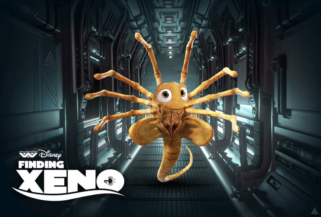Image of a Facehugger from the Alien Franchise, in the style of Finding Nemo with the logo "Weyland-Yutani/Disney Finding Xeno"