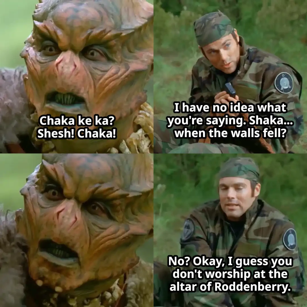 Panel 1: Chaka saying "Chaka ke ka? Shesh!" Panel 2: Daniel saying "I have no idea what you're saying. Shaka... when the walls fell?" Panel 3: Chaka looking confused. Panel 4: Daniel saying "No? Okay, I guess you don't worship at the altar of Roddenberry"