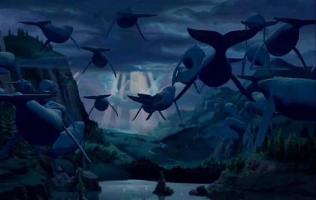 Still image taken from Disney's Fantasia showing whales flying in the sky above a body of water through a valley.