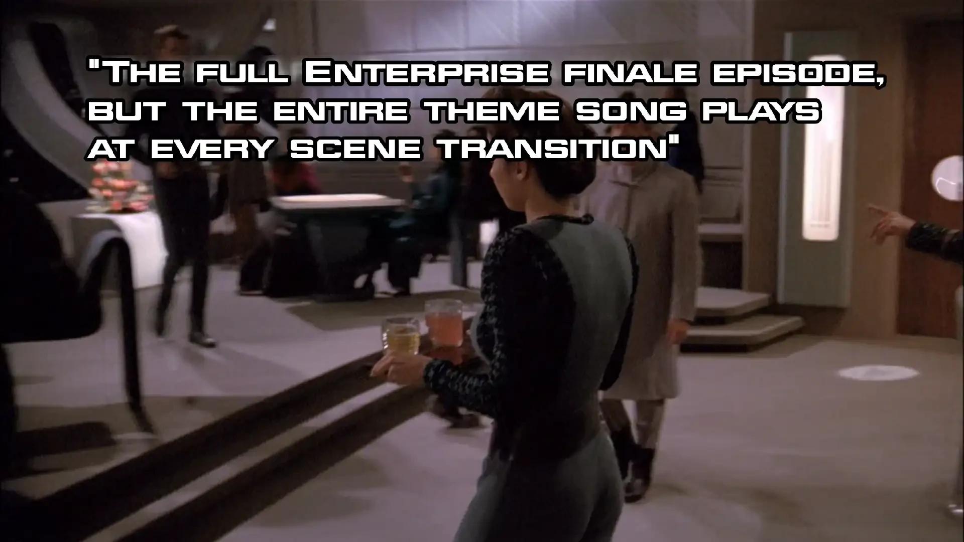 Screenshot of the _Star Trek: Enterprise_ finale with the episode title "The full Enterprise finale episode, but the entire theme song plays at every scene transition"