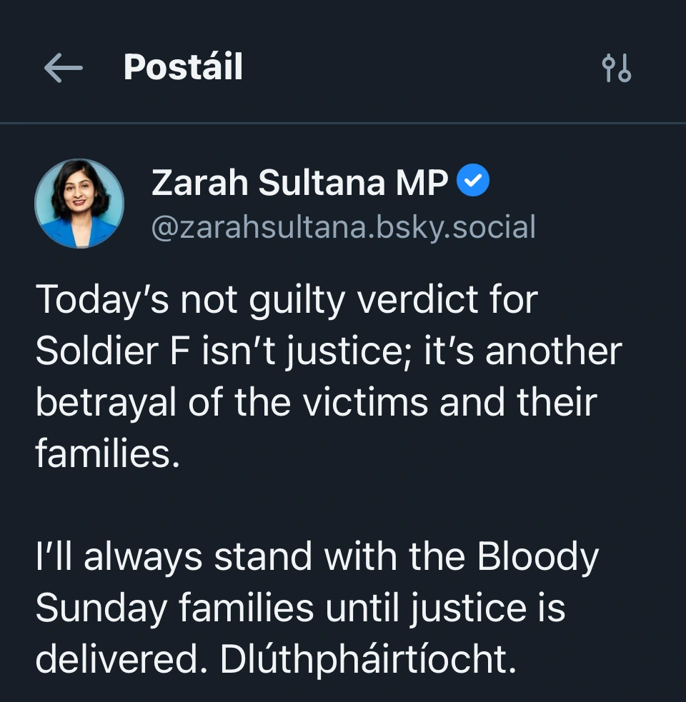 A Bluesky post by British MP Zara Sultana which uses the Irish word Dlúthpháirtíocht, meaning solitary. She is referencing victims, family and survivors of the Bloody Sunday massacre. 