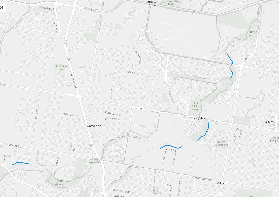 Map showing from Bridgeman Downs to Bracken Ridge, with 5 sections of path highlighted blue