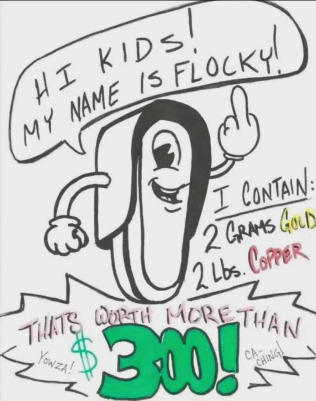 🗨️Hi kids! My name is Flocky! I contain 2g gold, 2lb copper. 🗯️That's worth more than $300! Yowza! Ca-Ching! 🗨️Hi kids! My name is Flocky! I contain 2g gold, 2lb copper. 🗯️That's worth more than $300! Yowza! Ca-Ching!