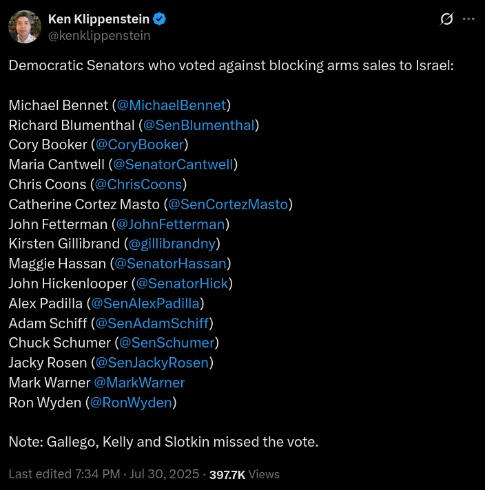 Democrat Senators who voted against blocking arms sales to Israel: