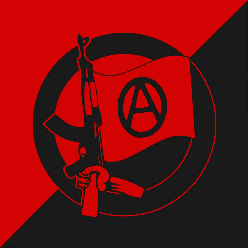 Anarcho-communist flag featuring a rifle and a fist within an anarchist circle.