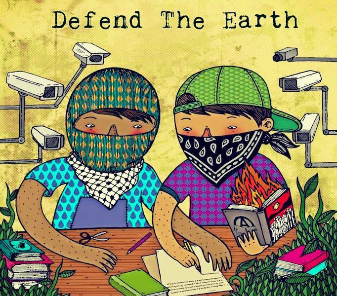 Alt text: A stylized drawing of two people wearing masks, writing at a table surrounded by books and security cameras, with the text "Defend The Earth" at the top.